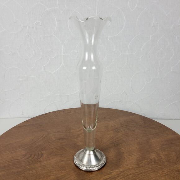 VINTAGE Duchin Creation Silver Etched Glass Bud Vase 10 Sterling Weighted Base - Picture 12 of 14